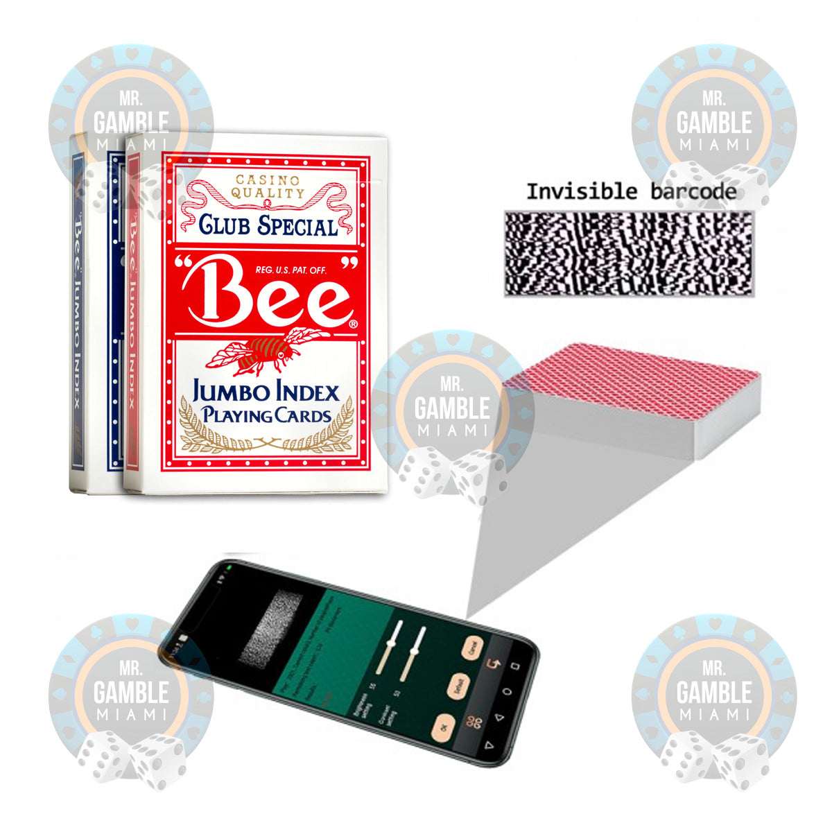 BARCODE MARKED CARDS red BEE JUMBO.' These cards have invisible barcodes for poker analyzers and are of high quality. They help players gain an advantage in poker games and can be purchased at mrgamblemiami.com