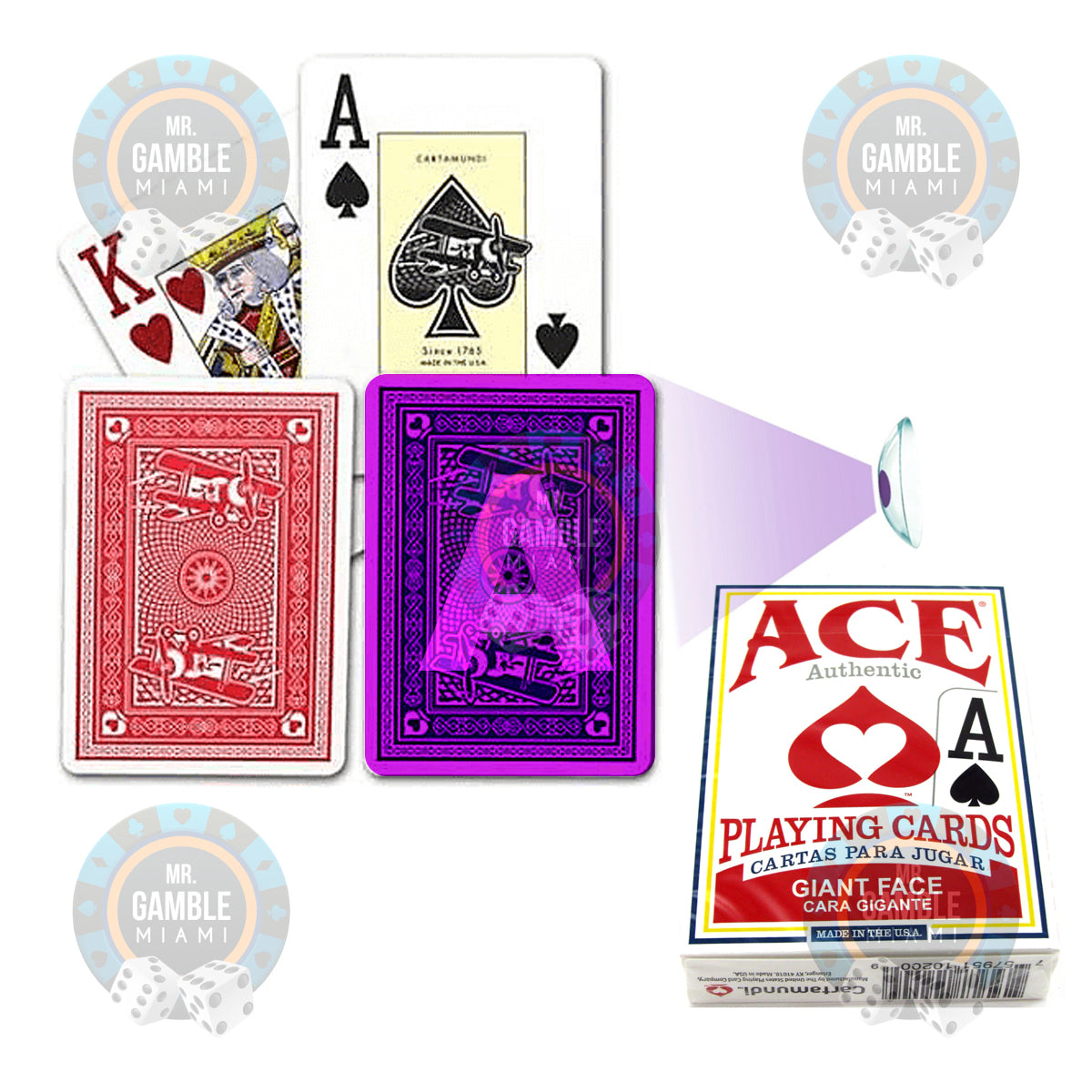 ACE GIANT FACE Marked Playing Cards for Poker Cheating Devices - Shown in a deck arrangement with specialized marking, perfect for poker and magic tricks.