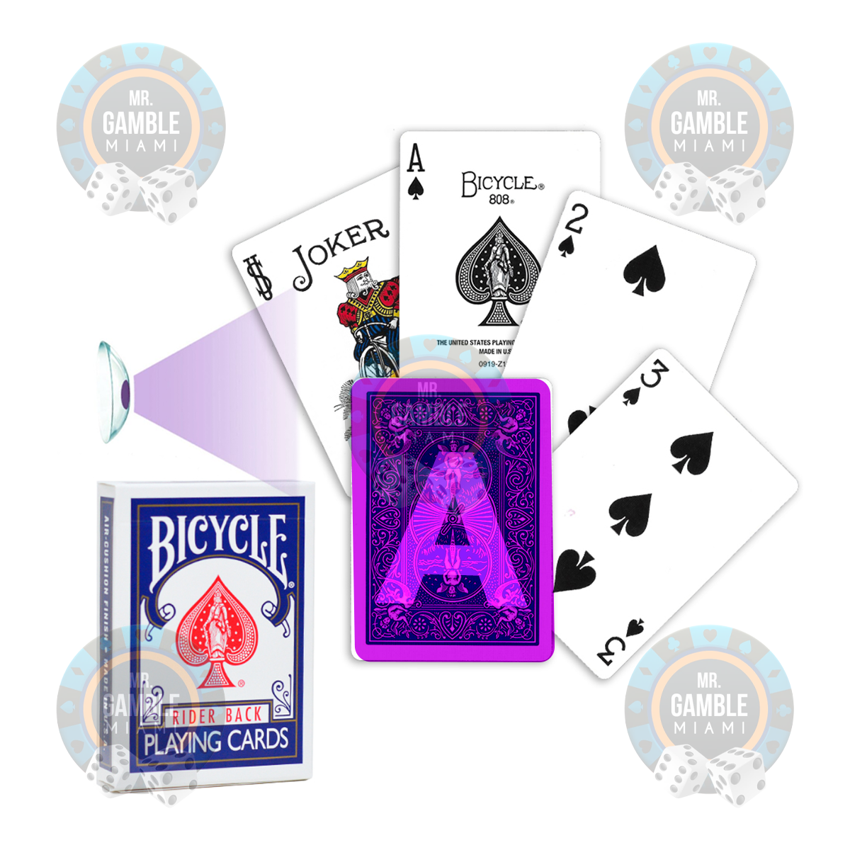 BICYCLE 807 Rider Back UV Marked Playing Cards in a poker setting with UV light revealing hidden markings.