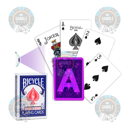 BICYCLE 807 Rider Back UV Marked Playing Cards in a poker setting with UV light revealing hidden markings.