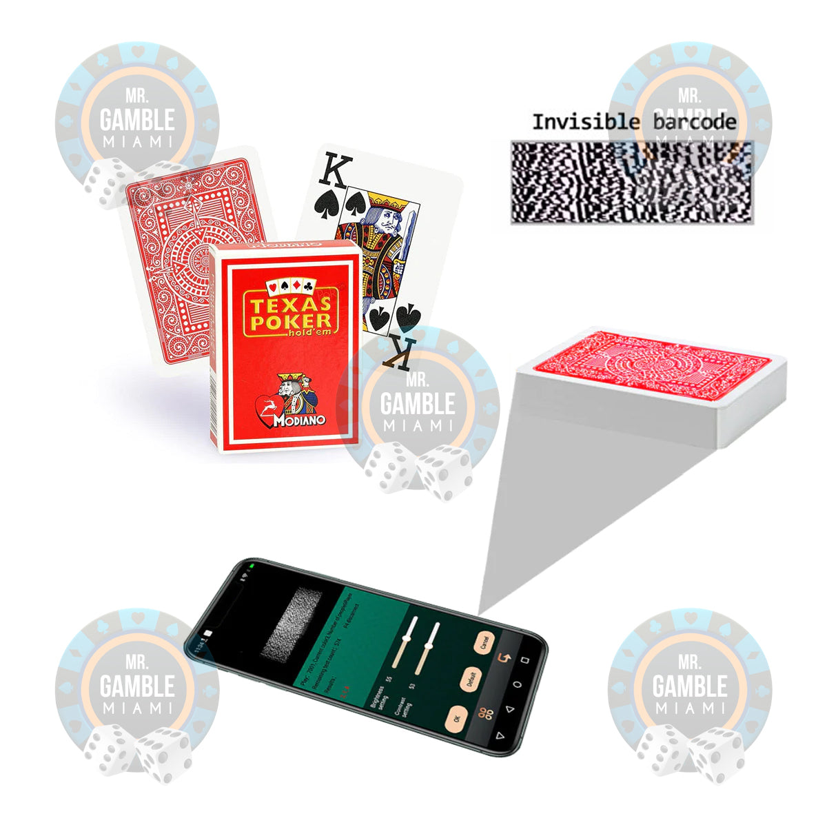 Barcode marked cards MODIANO TEXAS POKER JUMBO - Martin Kabrhel-style poker cheating device, invisible ink marking for anti-cheat poker readers