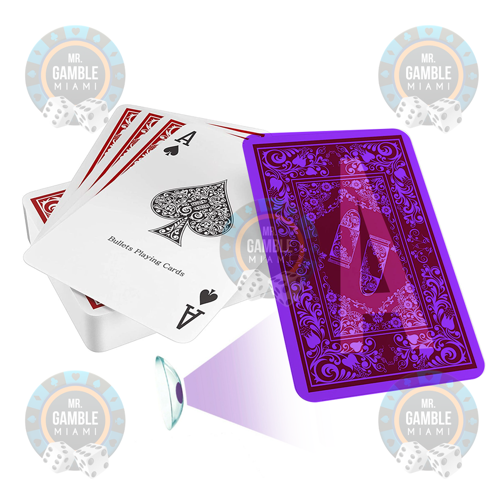 Bullets Poker Jumbo UV Marked Cards - Deck of playing cards with invisible markings under UV light, ideal for poker cheating devices and entertainment purposes.