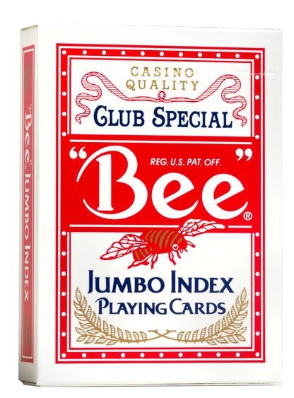 Red BEE JUMBO Barcode Marked Cards for poker. These cards have hidden barcodes for use with poker analyzers, different from UV-luminous marked cards. They are suitable for various poker games, including Texas Hold'em and OMAHA. These durable Bee playing cards are of exceptional quality. To acquire them, you can visit MrGamblemiami.com, where both US BEE regular and Jumbo index BEE cards are available