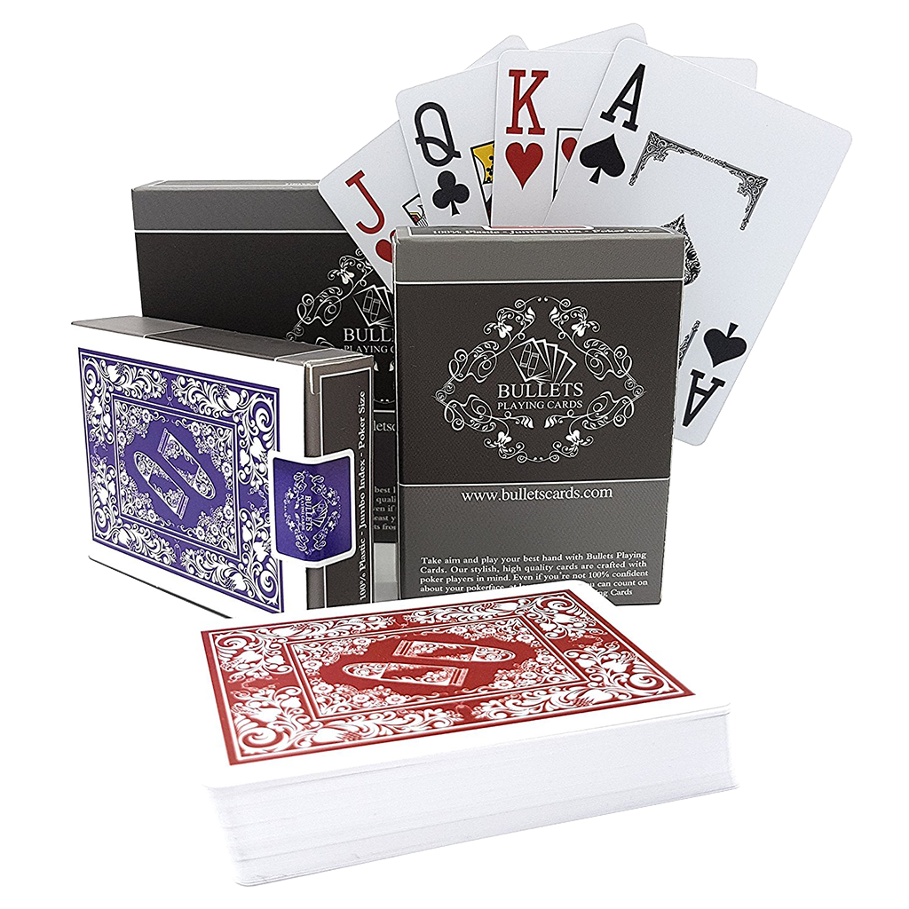 Bullets Poker Jumbo UV Marked Cards - Deck of playing cards with invisible markings under UV light, ideal for poker cheating devices and entertainment purposes.