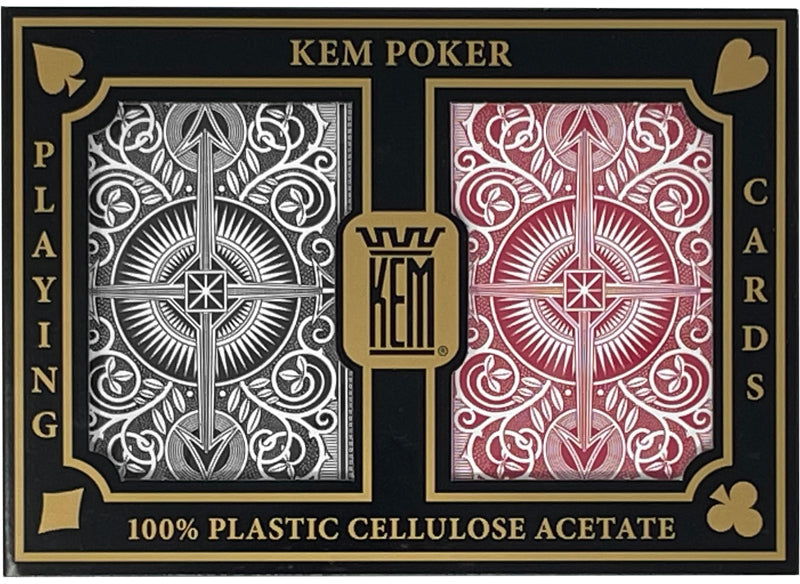 KEM Arrow Poker Regular Index UV Marked Cards - A deck of cards shown with invisible markings under UV light, suitable for magic tricks and entertainment purposes.